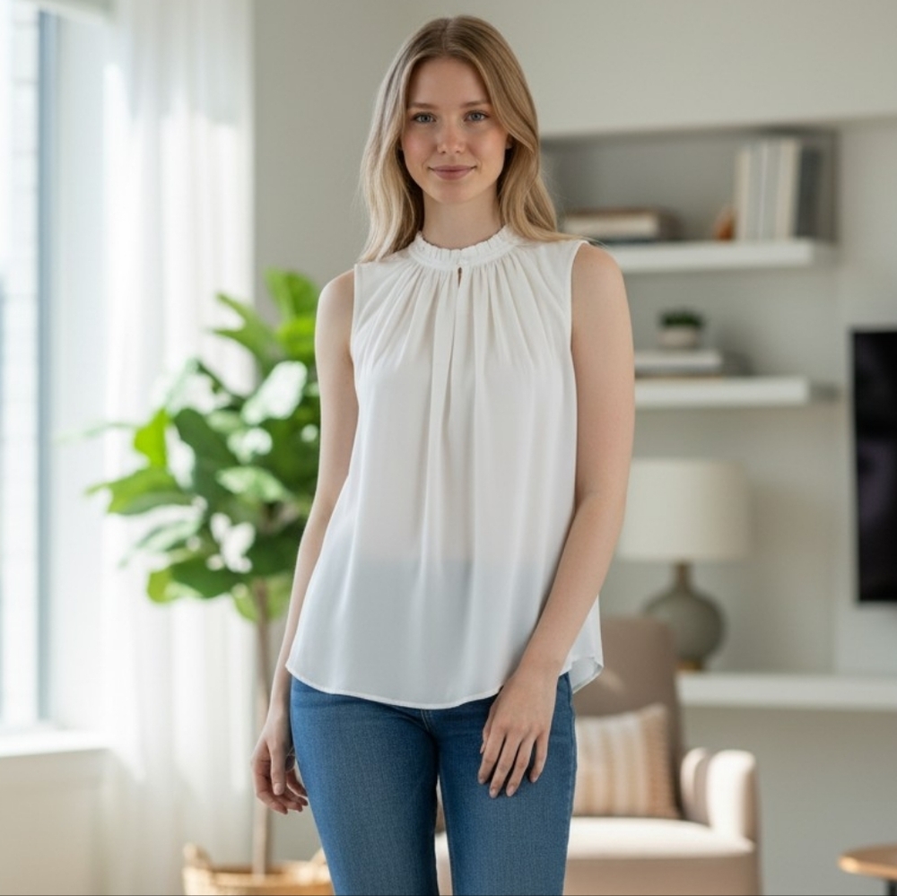 Banana Republic Pleated Ruffle Neck Top Office Women Preppy Blouse Summer Chic